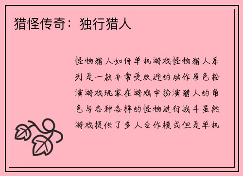 猎怪传奇：独行猎人
