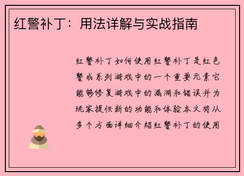 红警补丁：用法详解与实战指南
